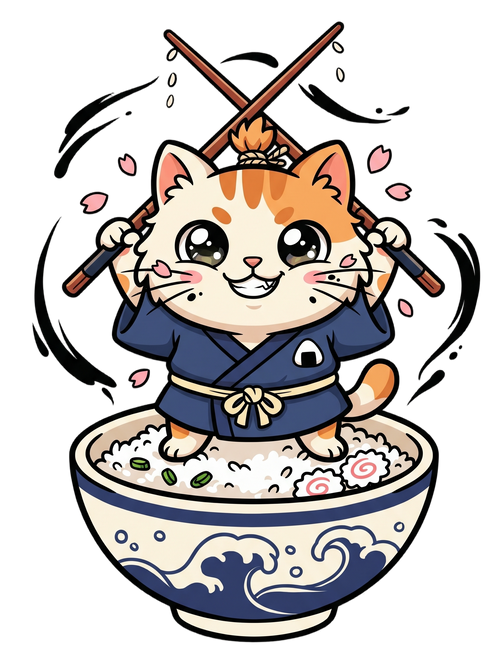 Chibi Ronin Chef Cat Chopstick Katana Anime Tee