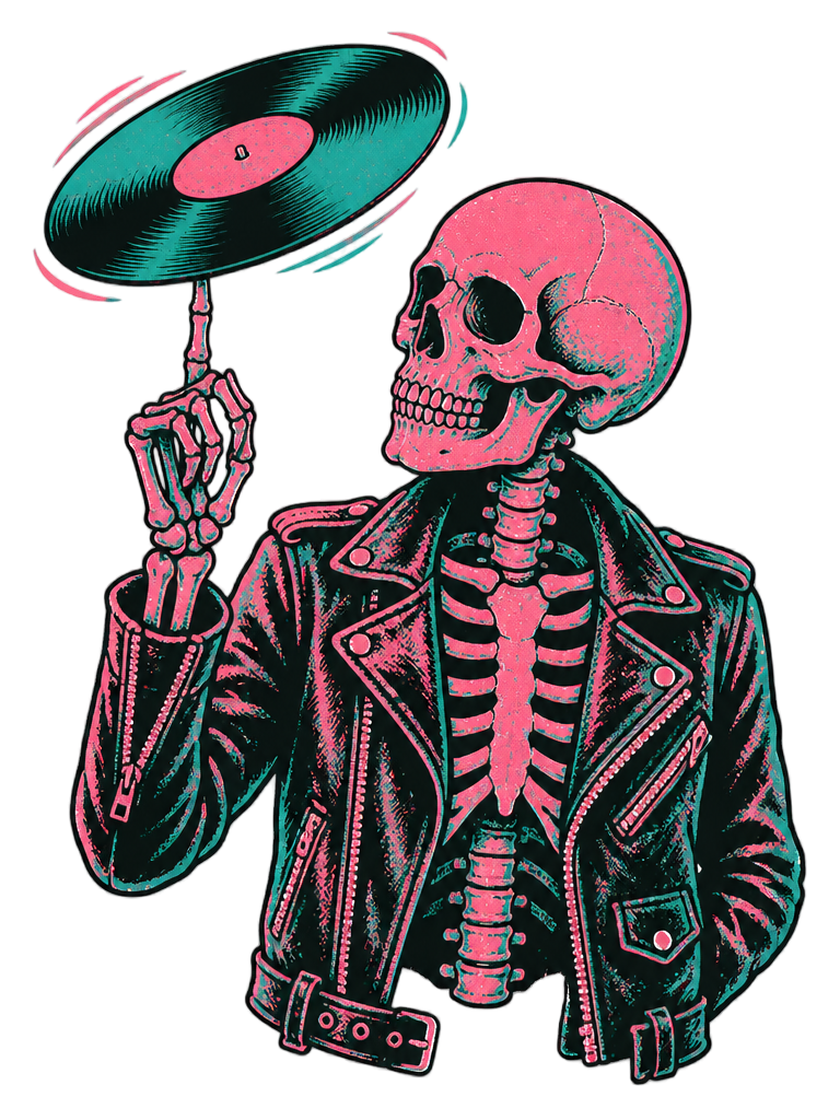 Riso Skeleton Vinyl Spin Gig Poster Punk Rock Tee