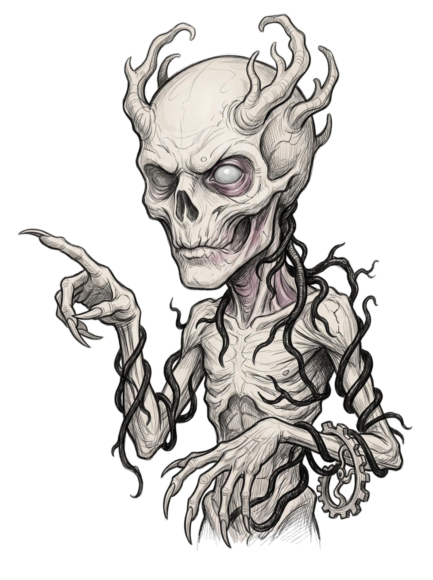 Vine-Wrapped Skull Villain Pencil Sketch Horror Tee