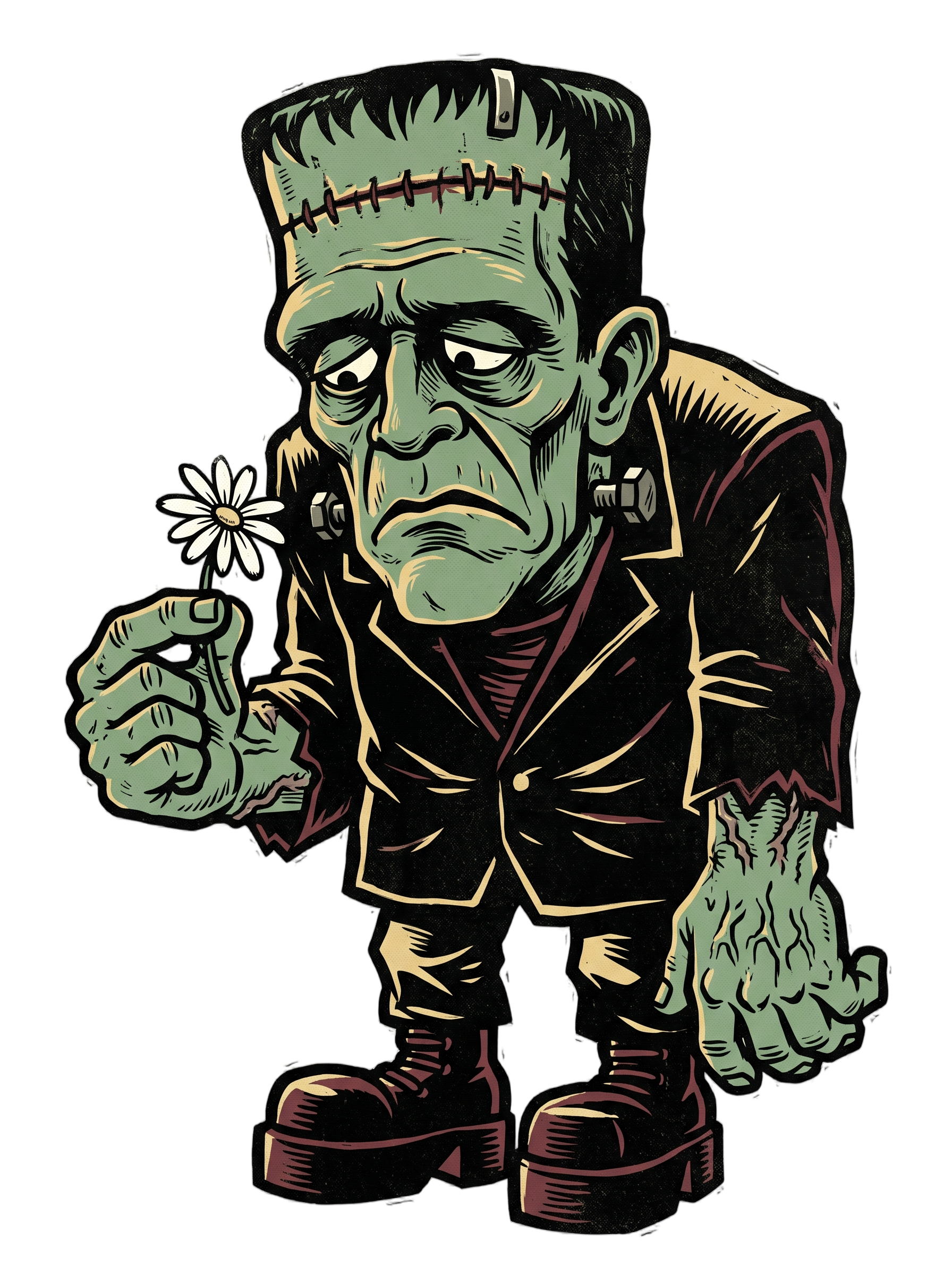 Confused Stitched Monster Holding Daisy Woodcut Tee