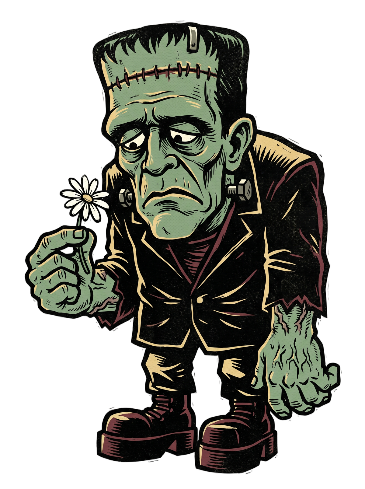 Confused Stitched Monster Holding Daisy Woodcut Tee