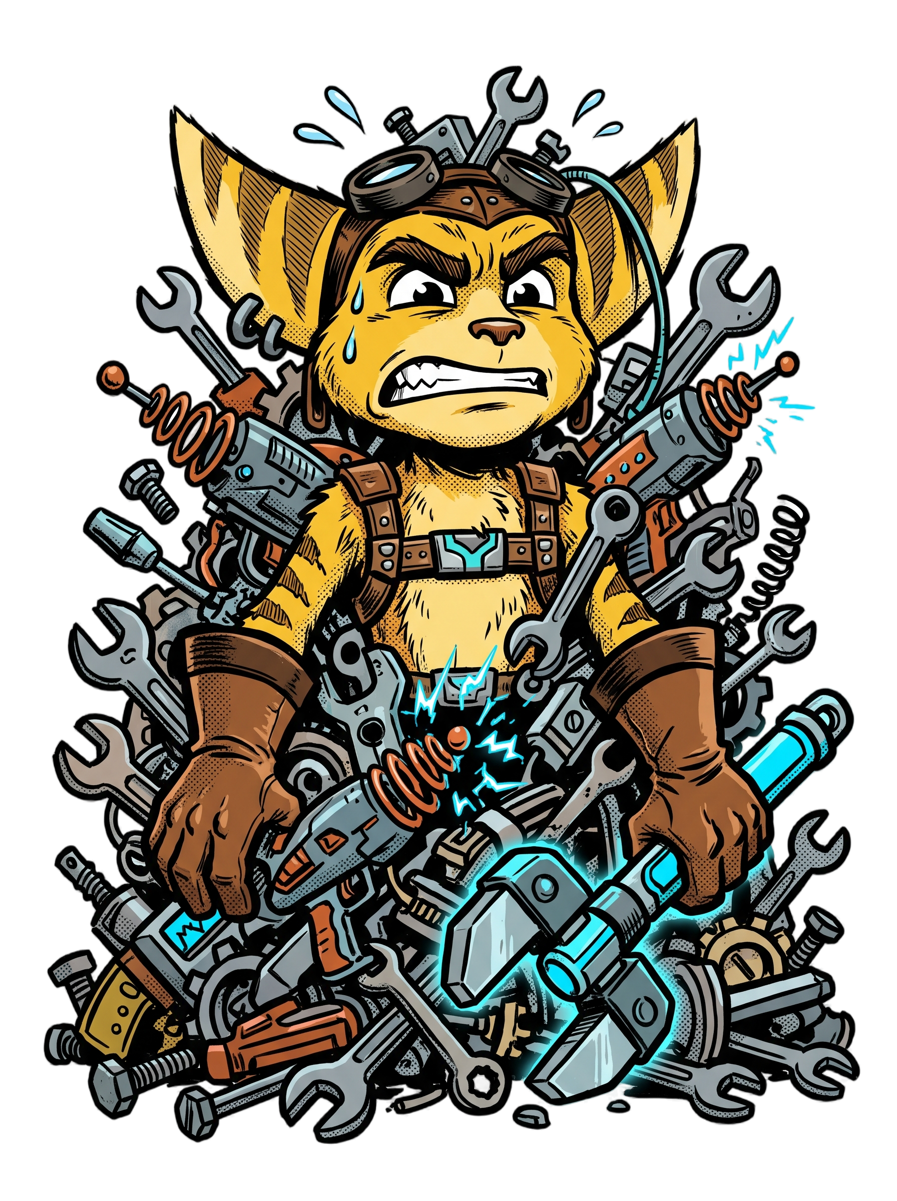 Overwhelmed Space Mechanic Wrench Pile Comic Tee