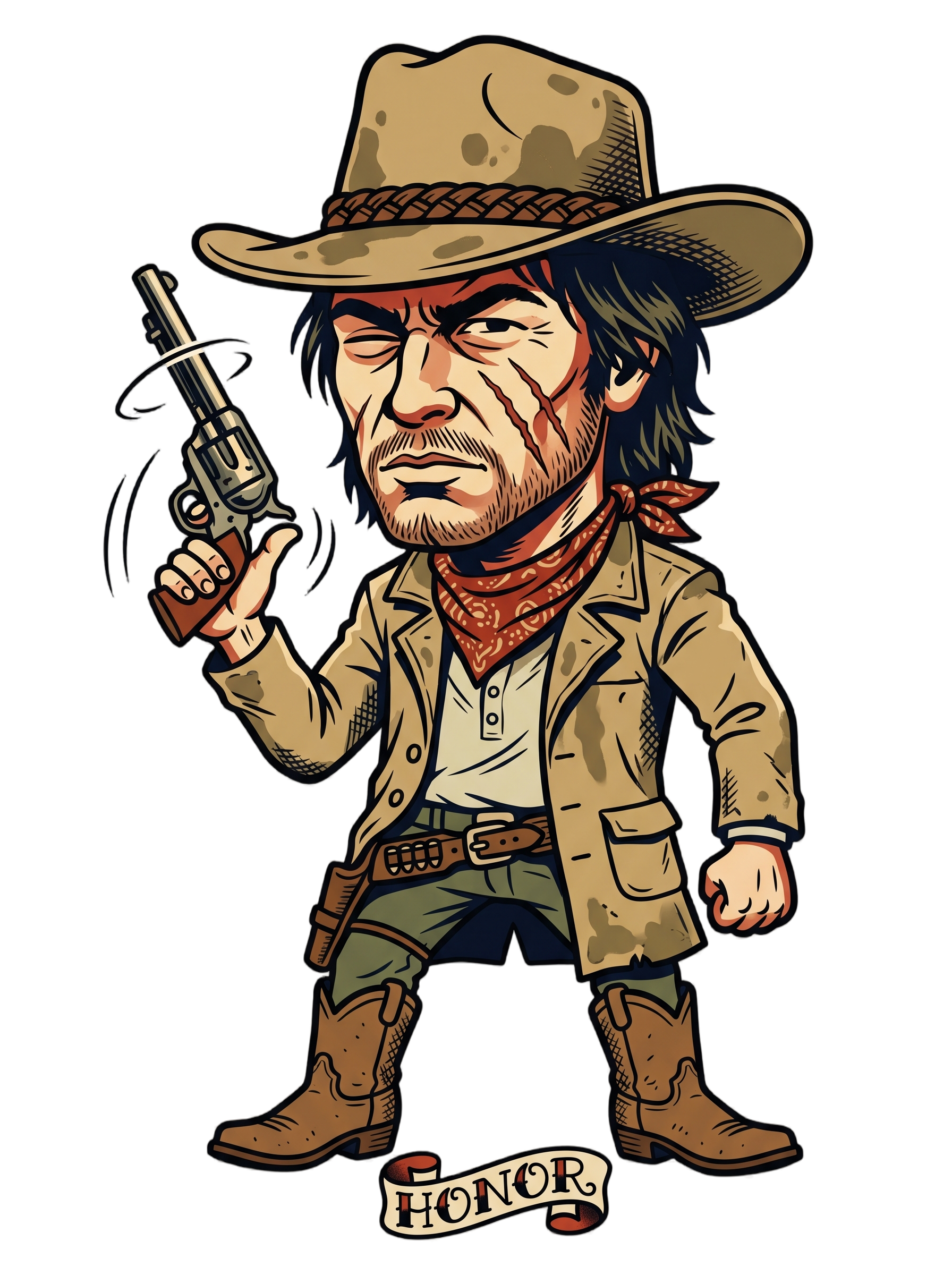 Scarred Outlaw Revolver Spinner Tattoo Flash Tee