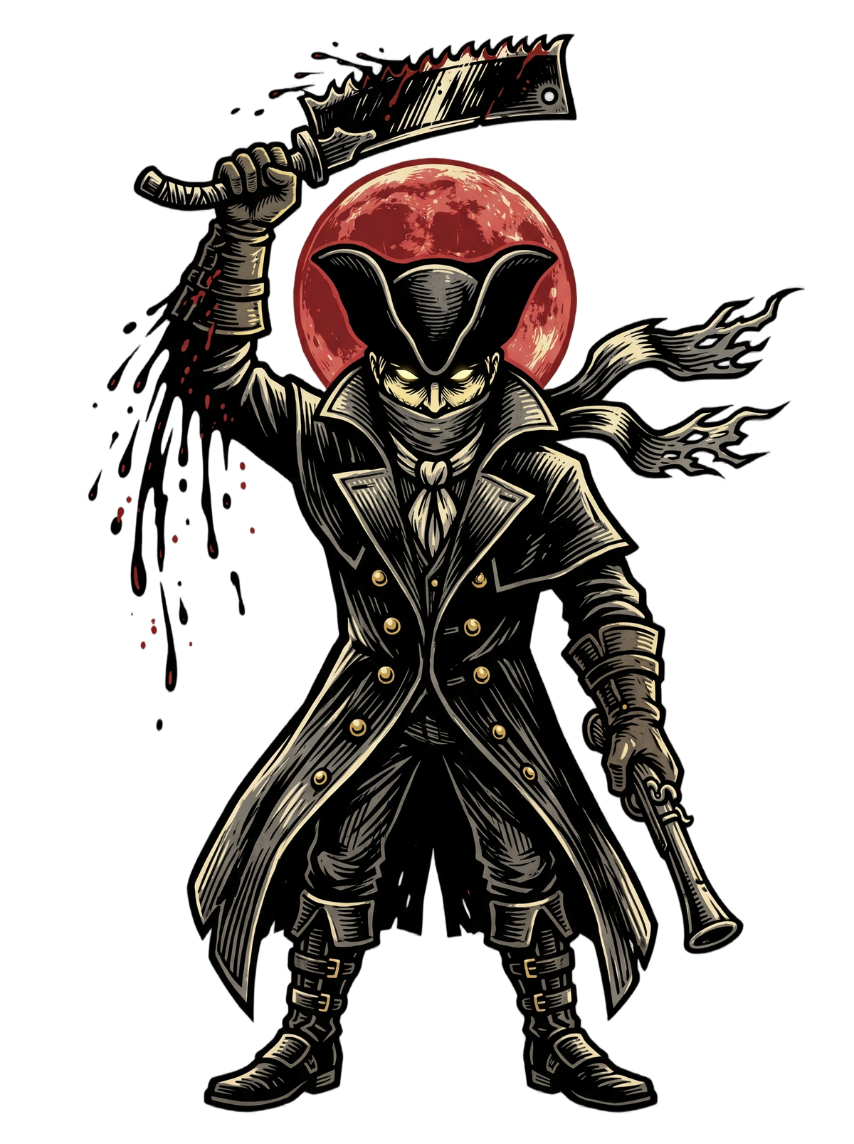 Gothic Hunter Blood Moon Linocut Horror Tee