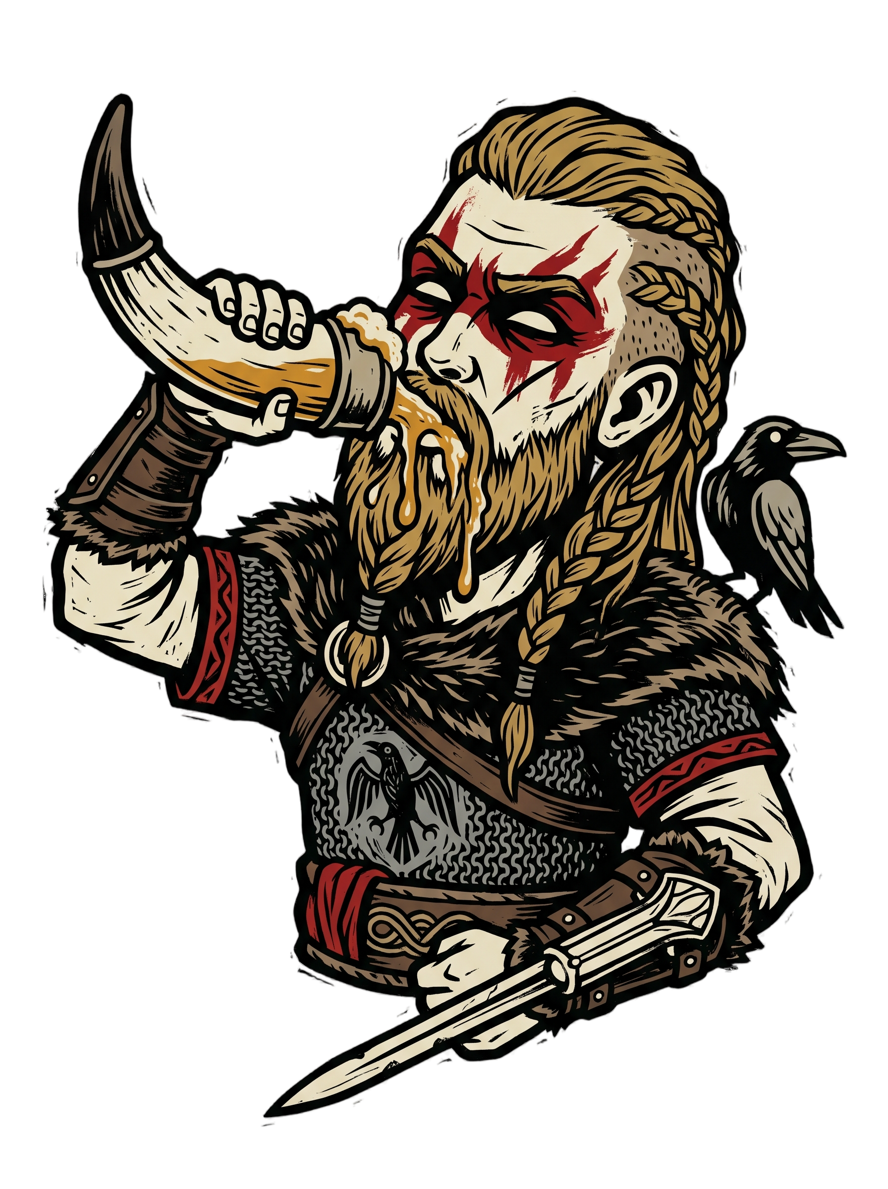 Viking Raider Mead Horn Hidden Blade Woodcut Tee