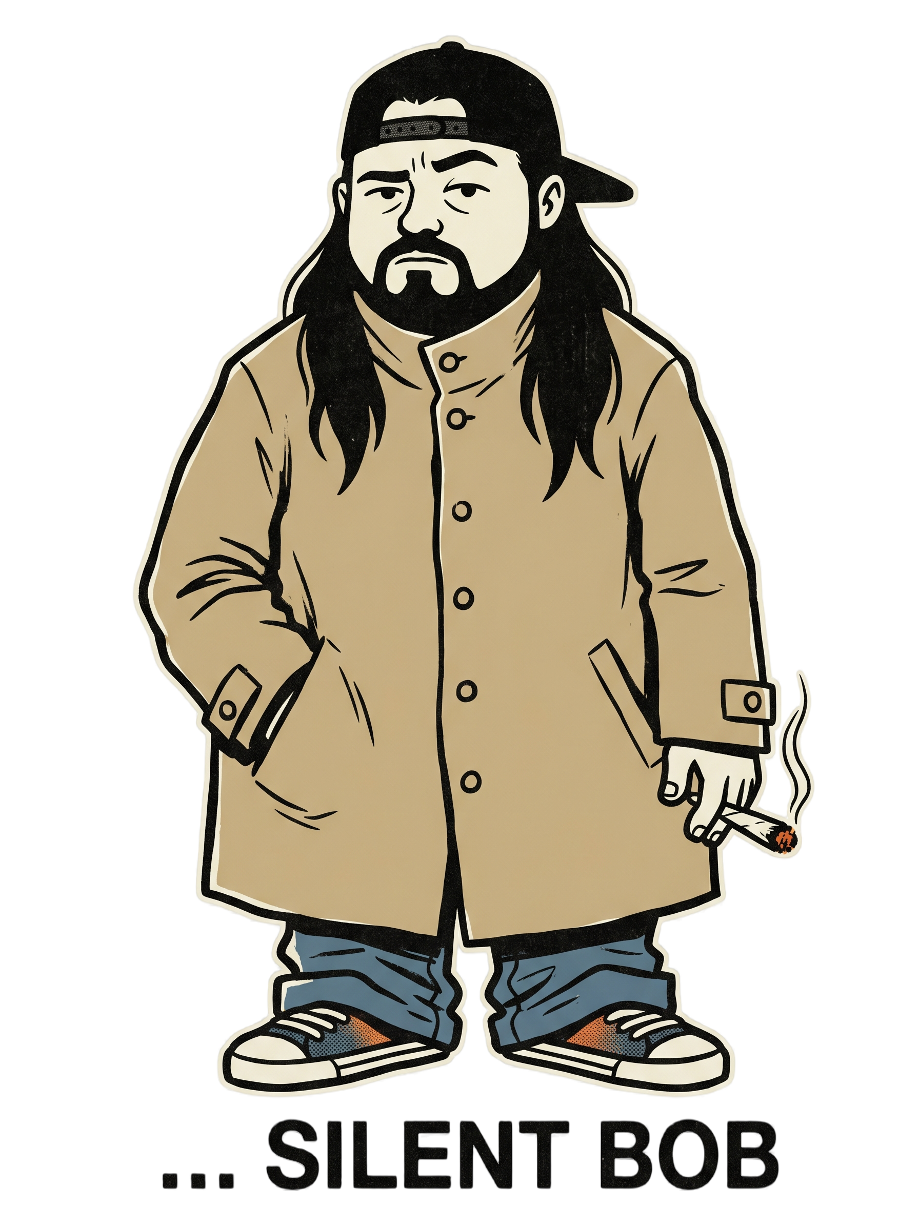 Silent Stoner Sidekick Trench Coat Punk Caricature Tee — Men's Basic Tee