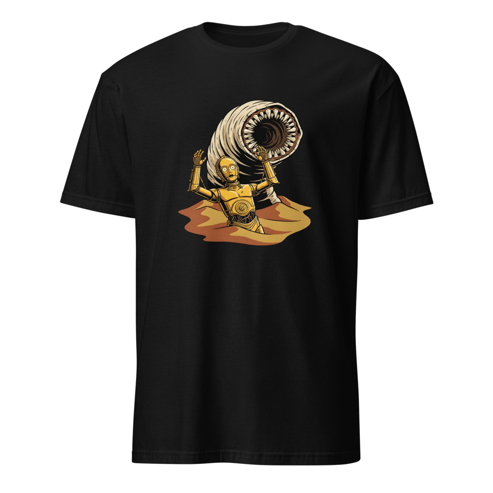 Golden Protocol Droid Desert Worm Peril Comic Tee — Men's Basic Tee — black front view