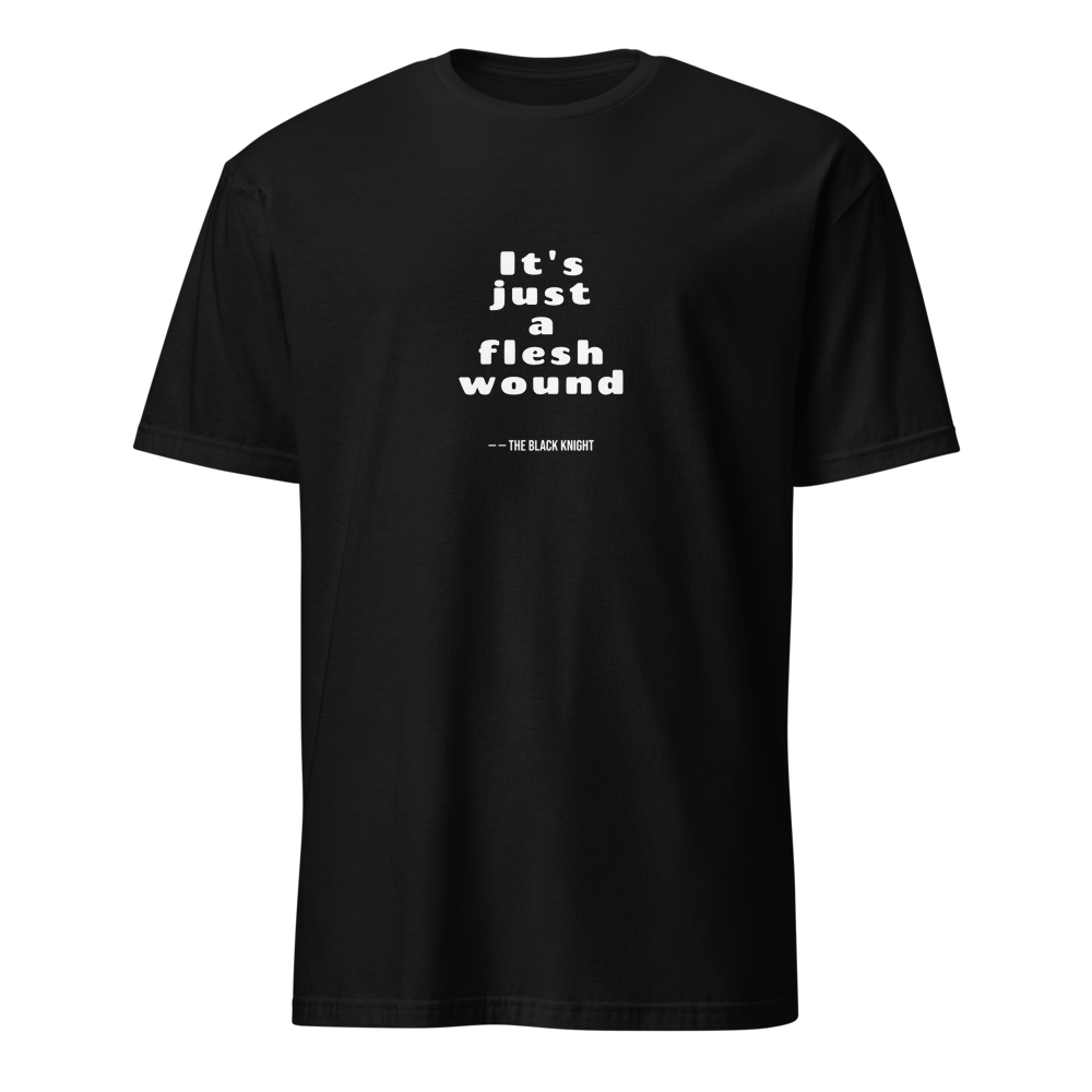 Flesh Wound Cult Comedy Quote Tee — Men's Basic Tee — black front view