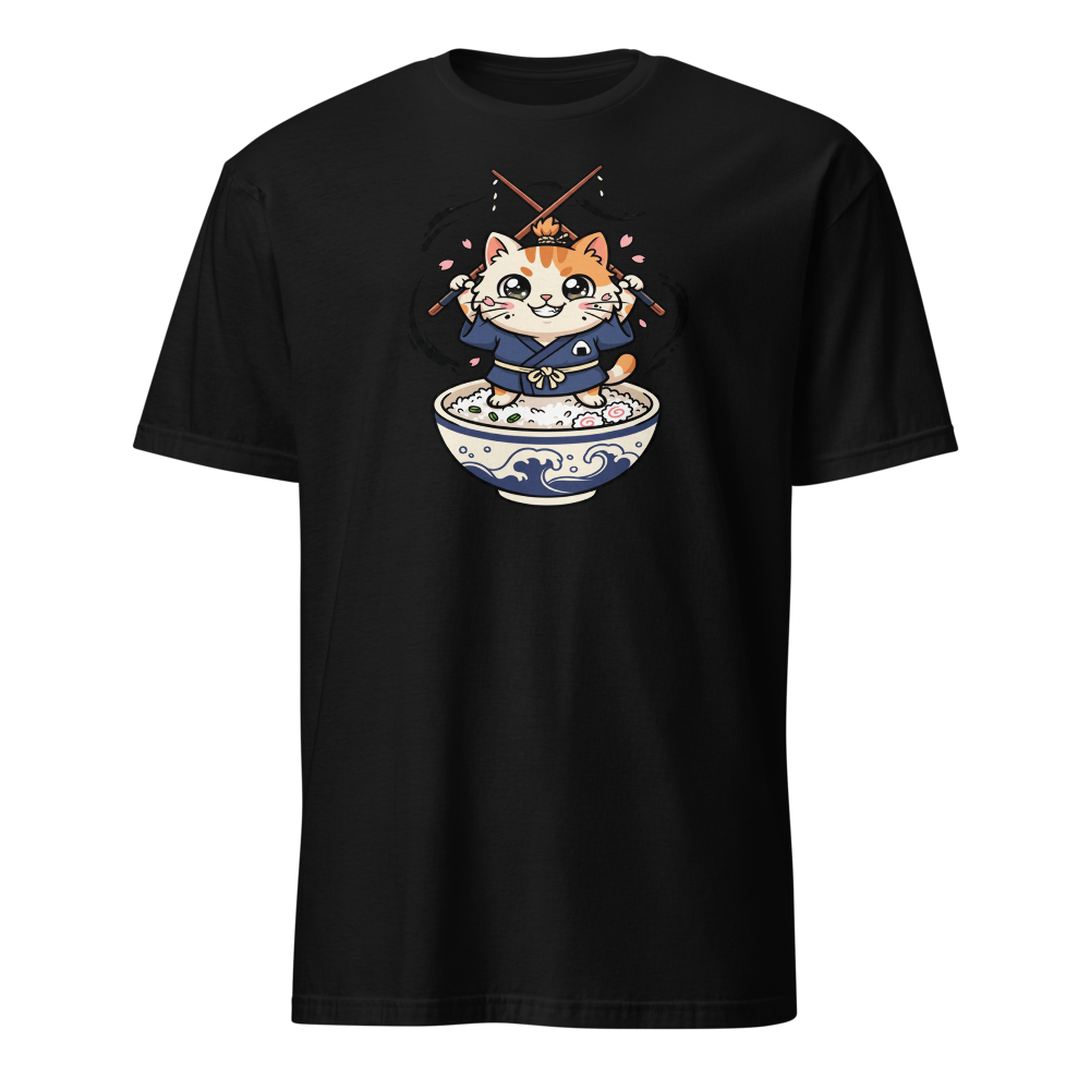 Chibi Ronin Chef Cat Chopstick Katana Anime Tee — black front view
