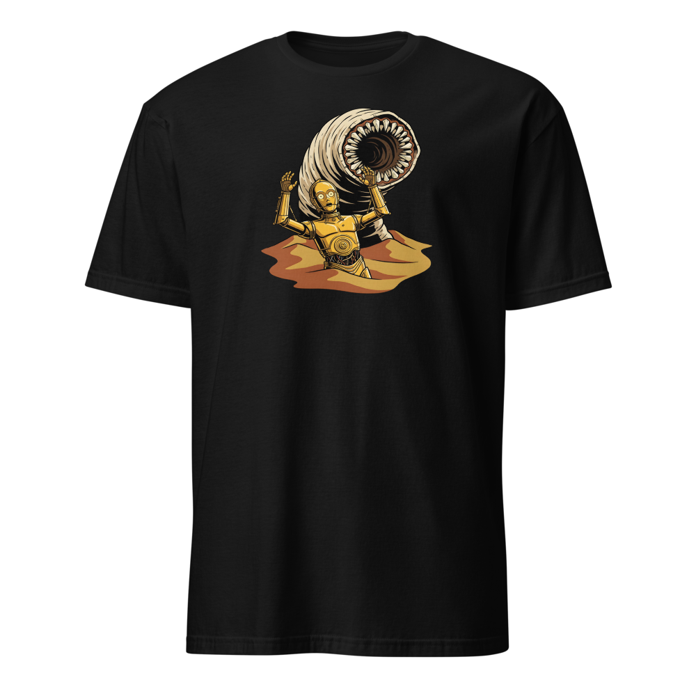 Golden Protocol Droid Desert Worm Peril Comic Tee â€” Black front view