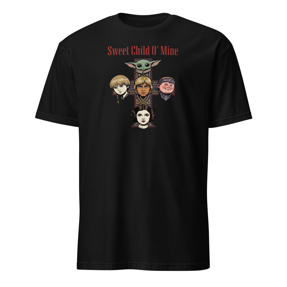 Sweet Child Sci-Fi Rock Cross album Parody Tee — black front view