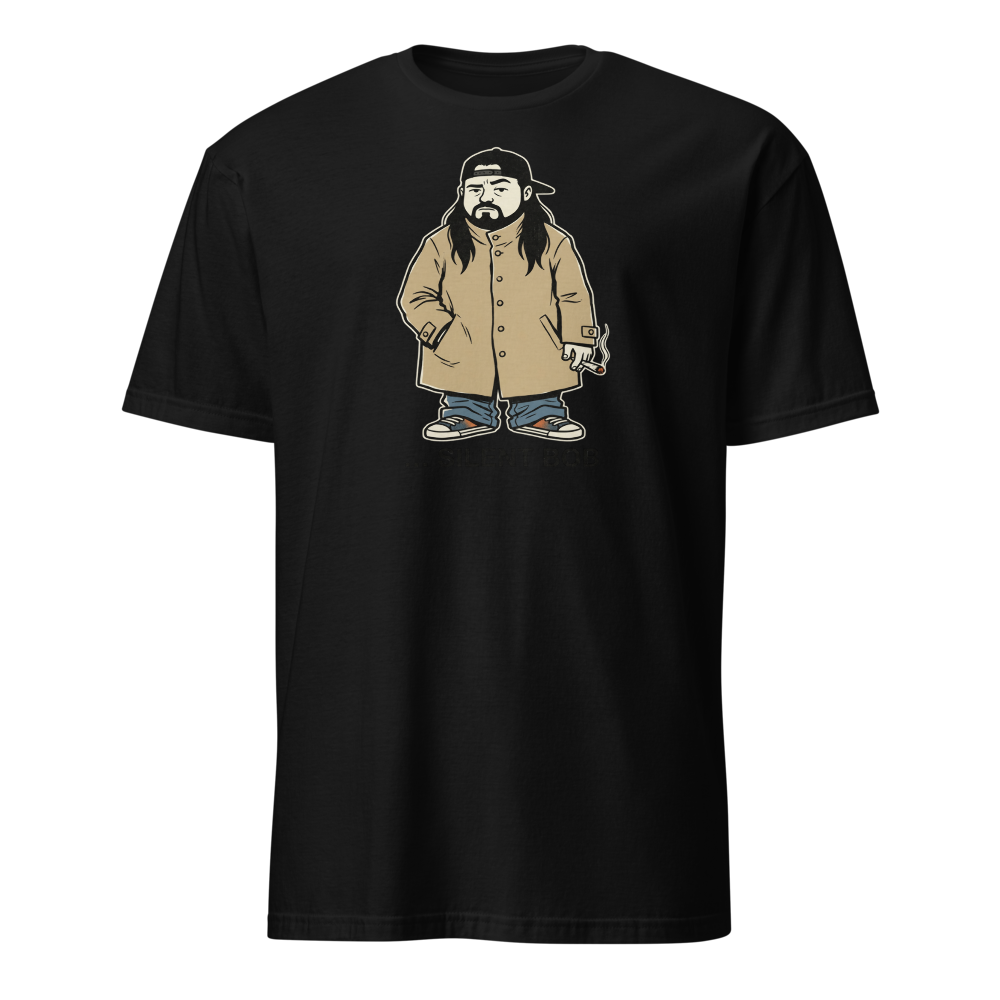 Silent Stoner Sidekick Trench Coat Punk Caricature Tee — Men's Basic Tee — black front view