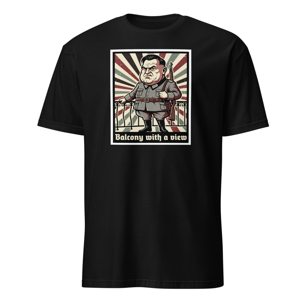 Balcony With A View Propaganda Villain Parody Tee — Men's Basic Tee — black front view