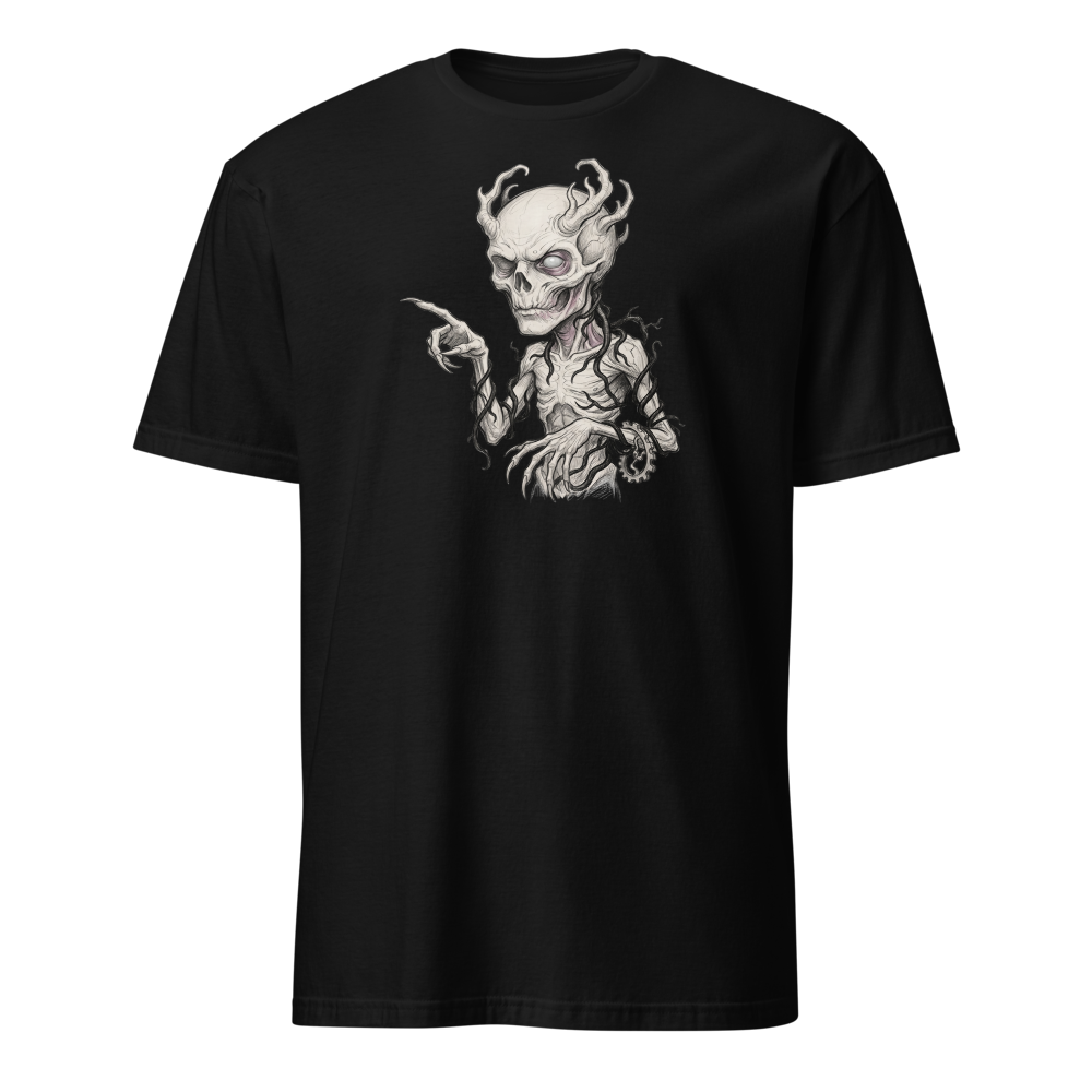 Vine-Wrapped Skull Villain Pencil Sketch Horror Tee — black front view