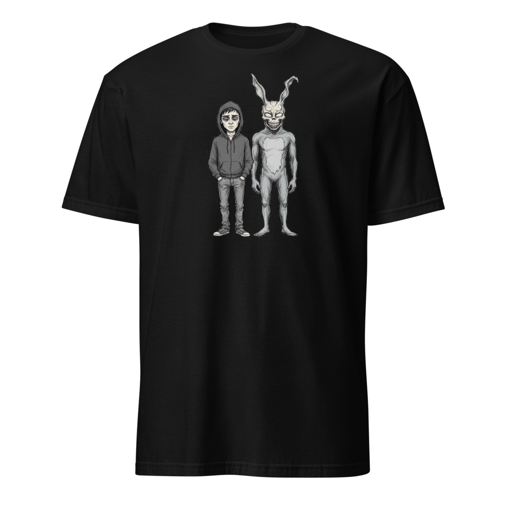 Doomed Teen and Demon Rabbit Sketch Cult Horror Tee — black front view