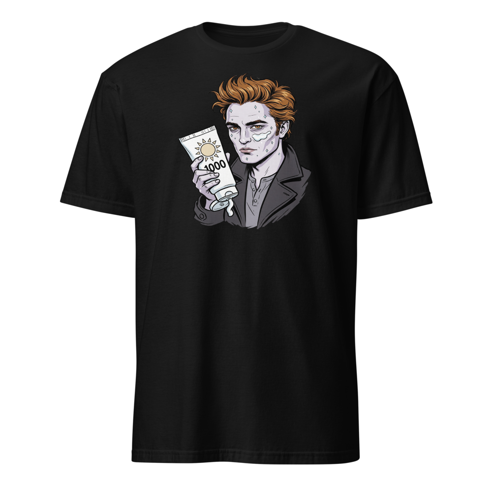 Sparkling Vampire SPF 1000 Sunscreen Parody Tee — Men's Basic Tee — black front view