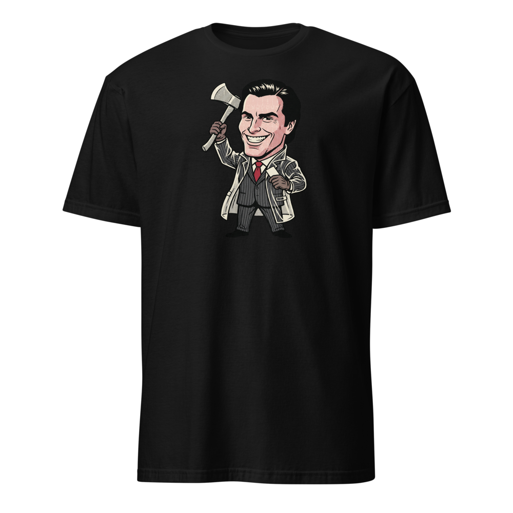 Wall Street Yuppie Axe Killer Pop Art Parody Tee — Men's Basic Tee — black front view