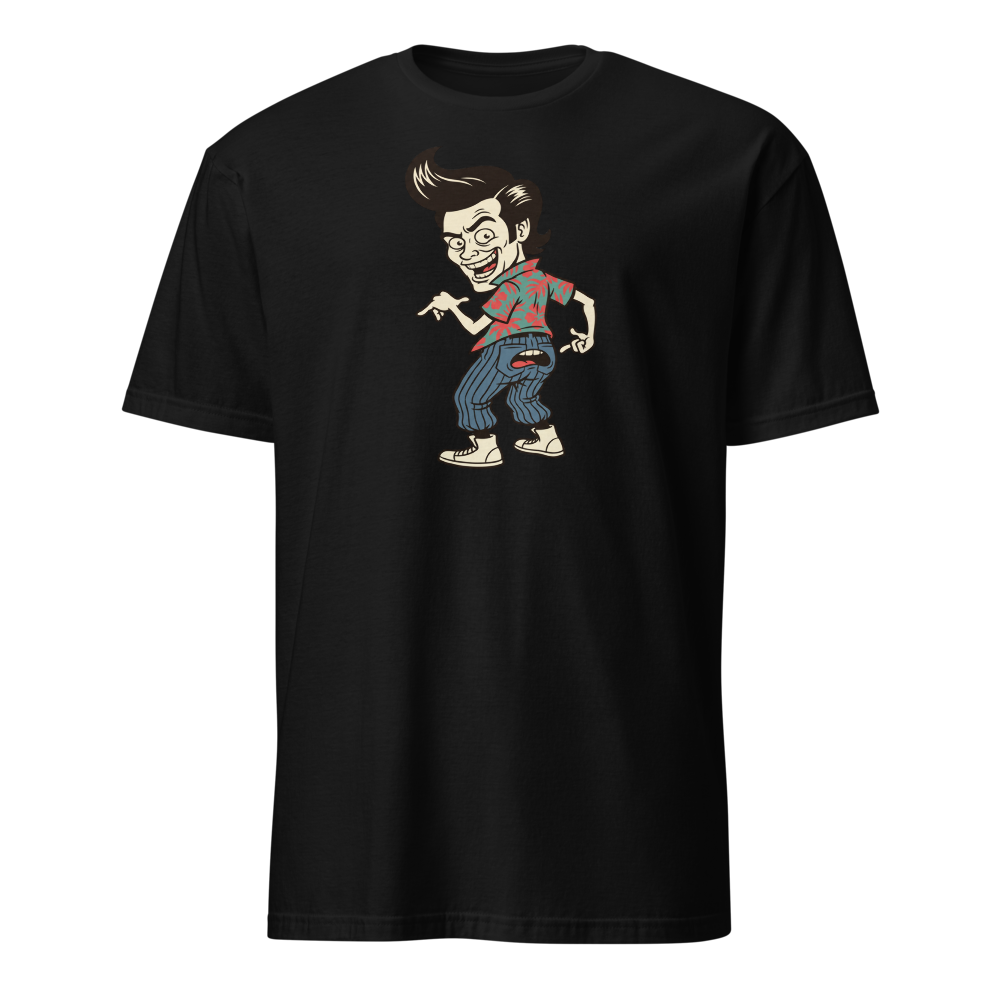 Pet Detective Talking Butt 90s Comedy Parody Tee — Men's Basic Tee — black front view