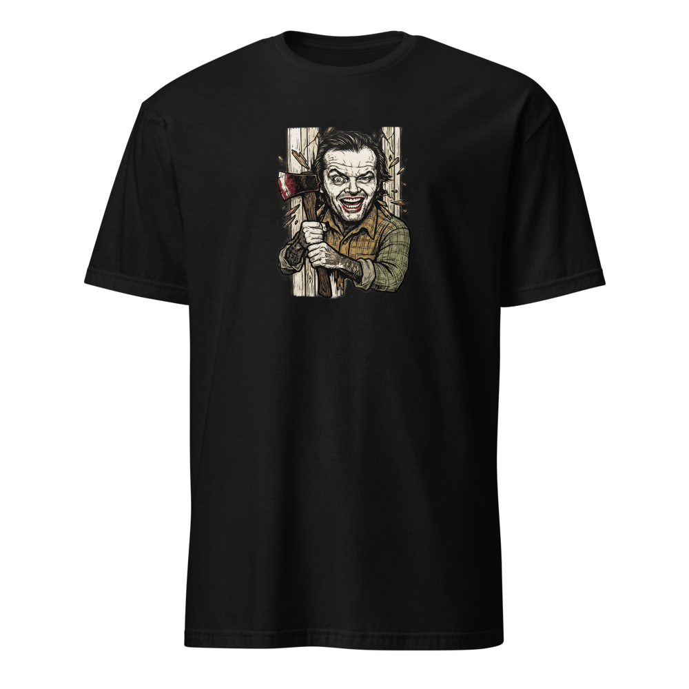 Axe Maniac Door Breach Blackwork Horror Tee — black front view