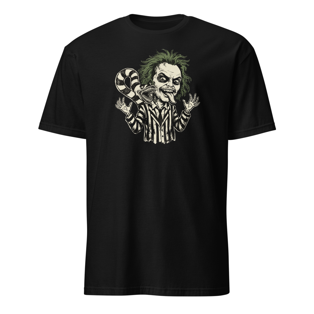 Bio-Exorcist Ghoul Pinstripe Punk Horror Comedy Tee — black front view