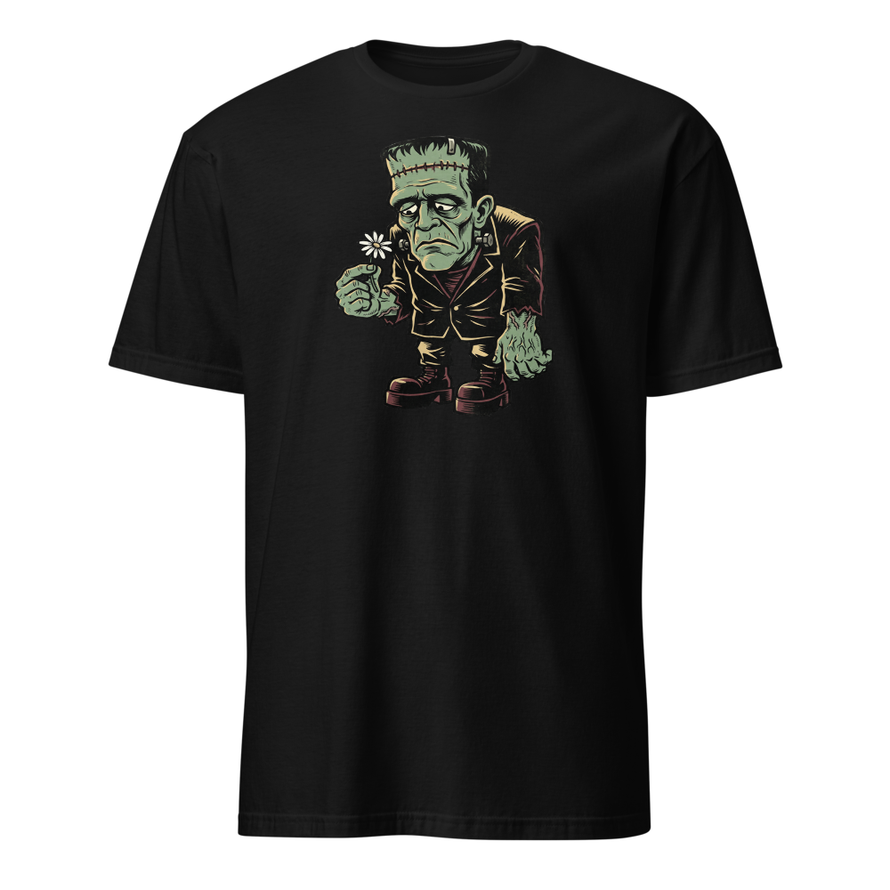 Confused Stitched Monster Holding Daisy Woodcut Tee — black front view