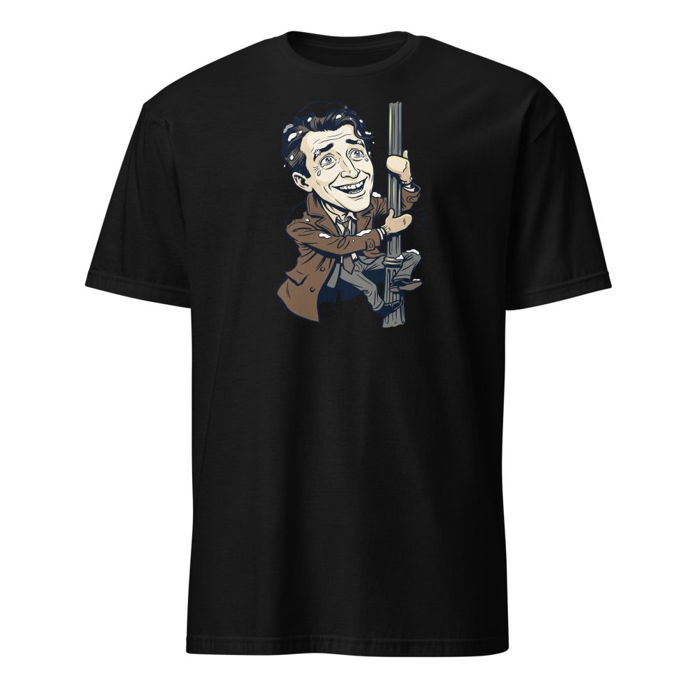 Snowy Lamppost Hug Christmas Movie Caricature T-Shirt — black front view