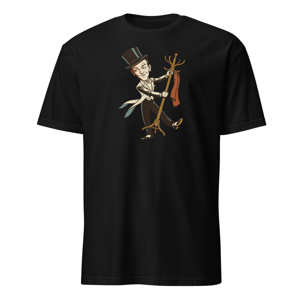 Top Hat and Tails Dancing Coat Rack Vintage Tee — black front view