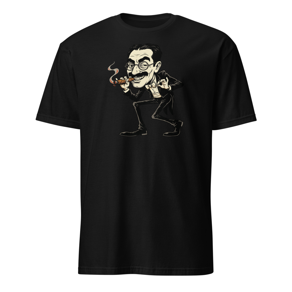 Sneaky Vaudeville Comedian Cigar Caricature Tee — black front view