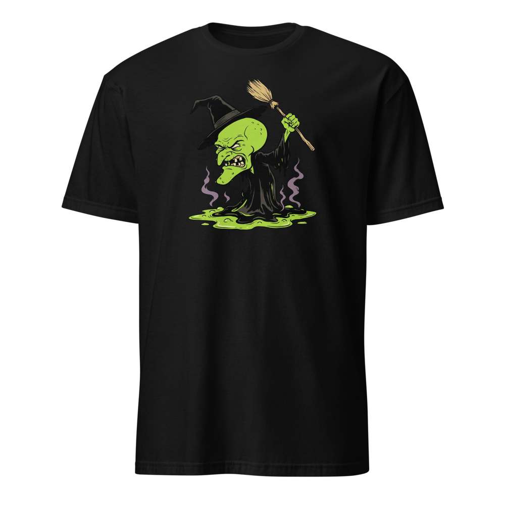 Melting Green Witch Editorial Cartoon Parody Tee — black front view