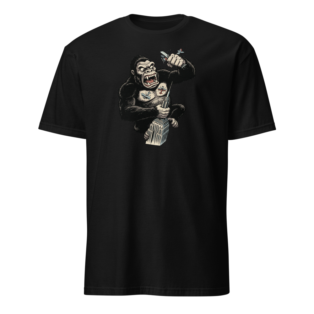 Giant Ape Skyscraper Biplane Smash Comic Tee — black front view
