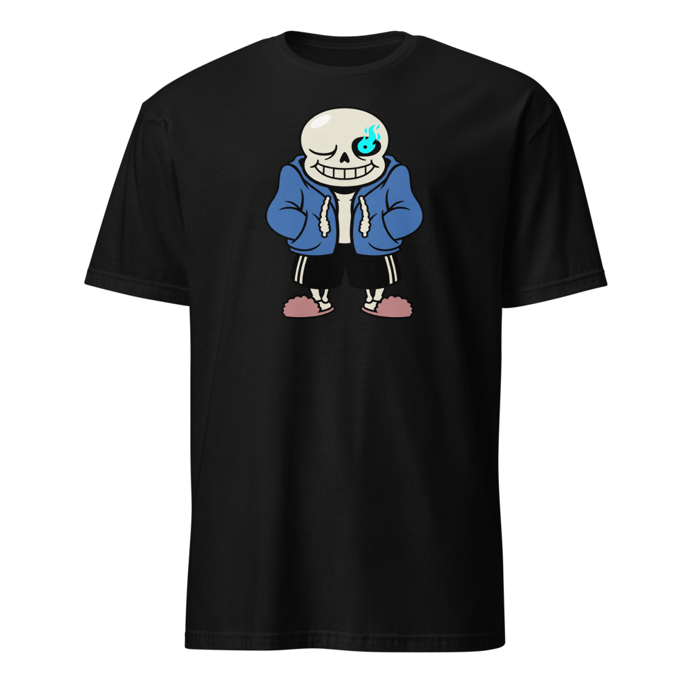 Lazy Skeleton Blue Hoodie Indie RPG Tee — black front view