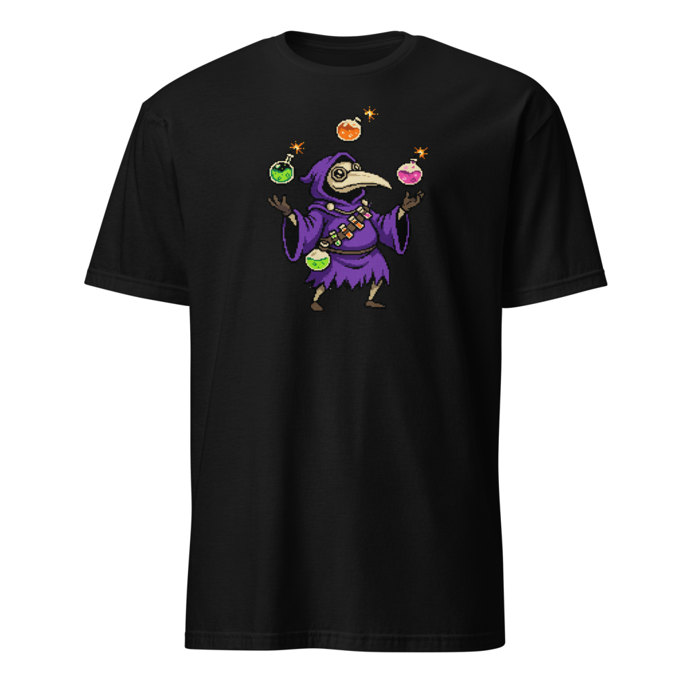Hooded Pixel Alchemist Potion Juggler Retro Tee — black front view