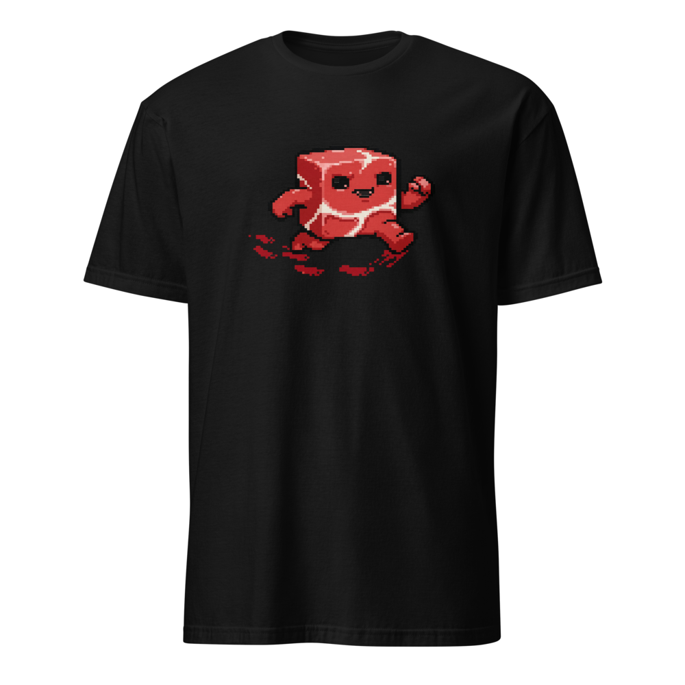 Running Meat Cube 16-Bit Pixel Platformer Tee — black front view