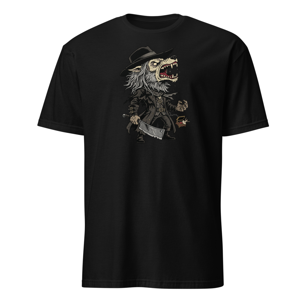 Beast Hunter Howling Tricorn Cleaver Comic Ink Tee — black front view