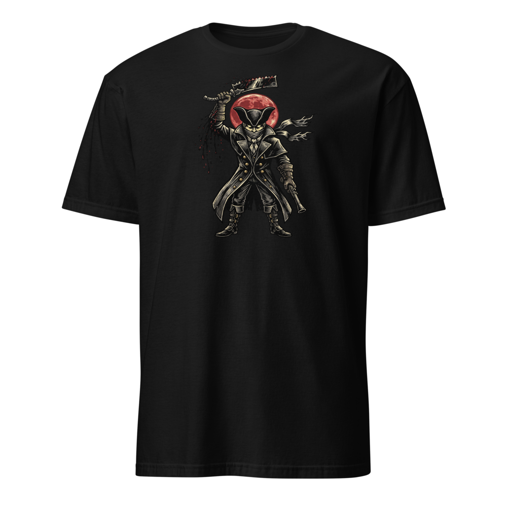 Gothic Hunter Blood Moon Linocut Horror Tee — black front view