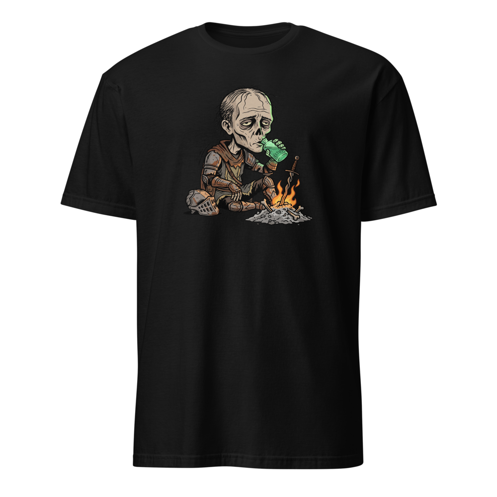 Hollow Knight Bonfire Estus Coffee Soulslike Parody Tee — black front view