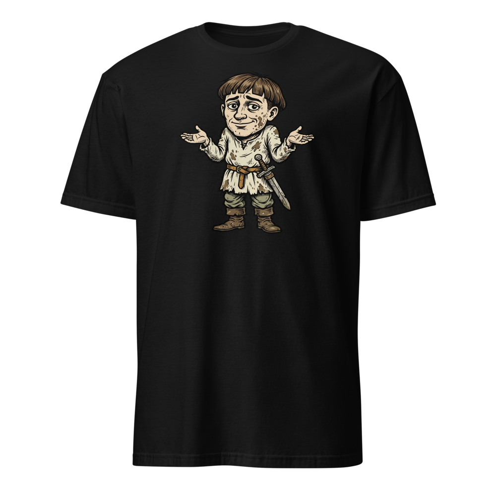 Medieval Peasant Shrug Woodcut Retro RPG Tee — black front view