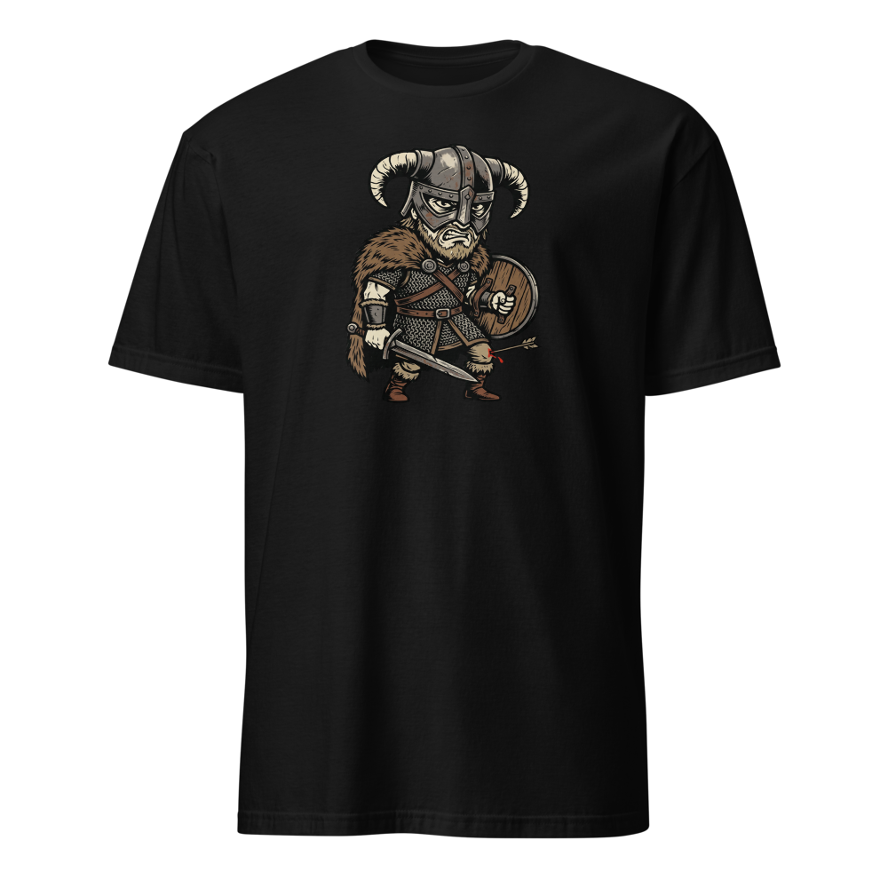 Horned Helmet Hero Arrow To The Knee Woodcut Tee — black front view