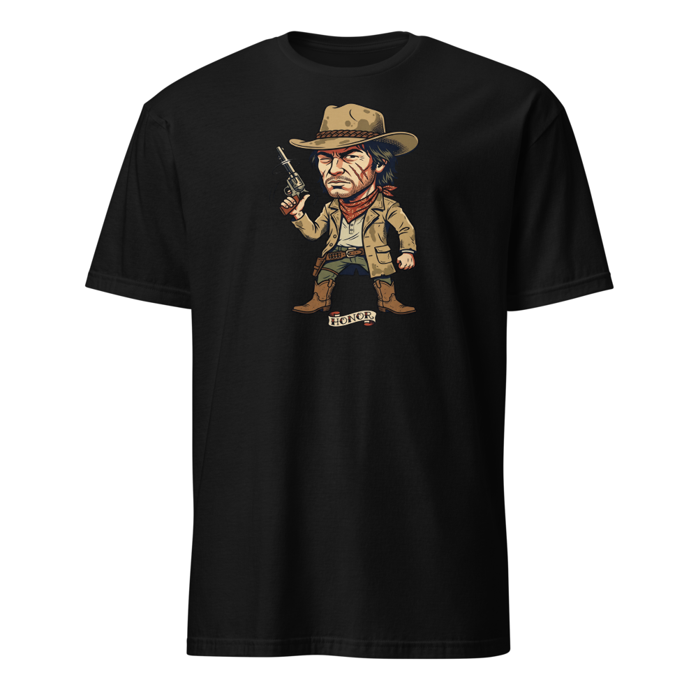Scarred Outlaw Revolver Spinner Tattoo Flash Tee — black front view