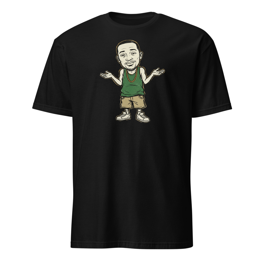Here We Go Again Open-World Shrug Punk Tee — black front view