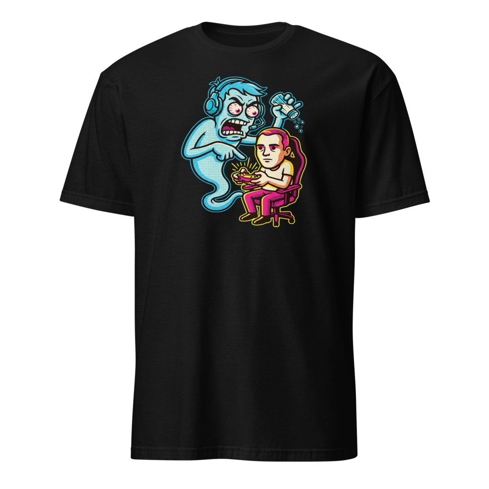 Salty Ghost Backseat Gamer Halftone Pop Art Tee — black front view
