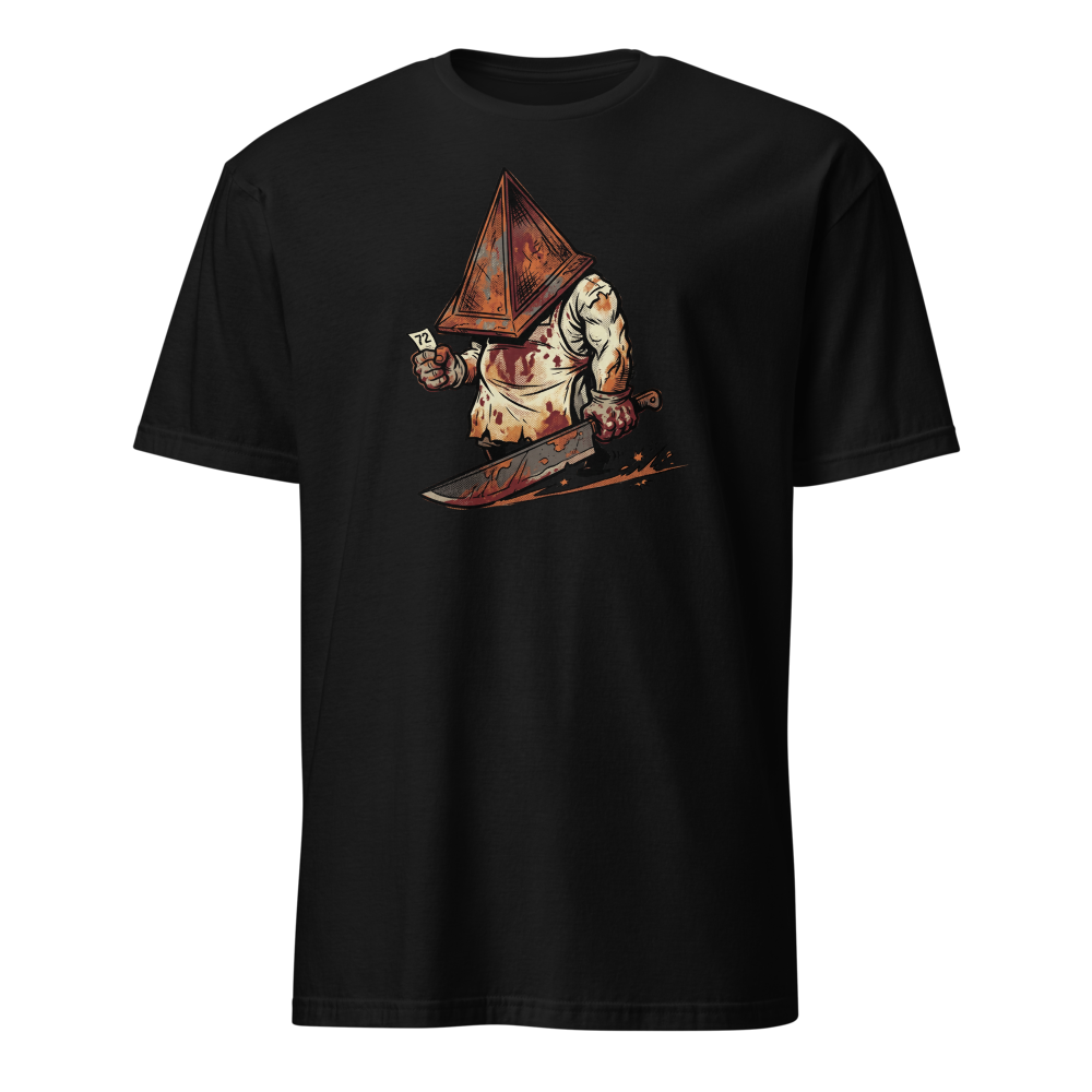 Horror Executioner at the DMV Halftone Parody Tee — black front view