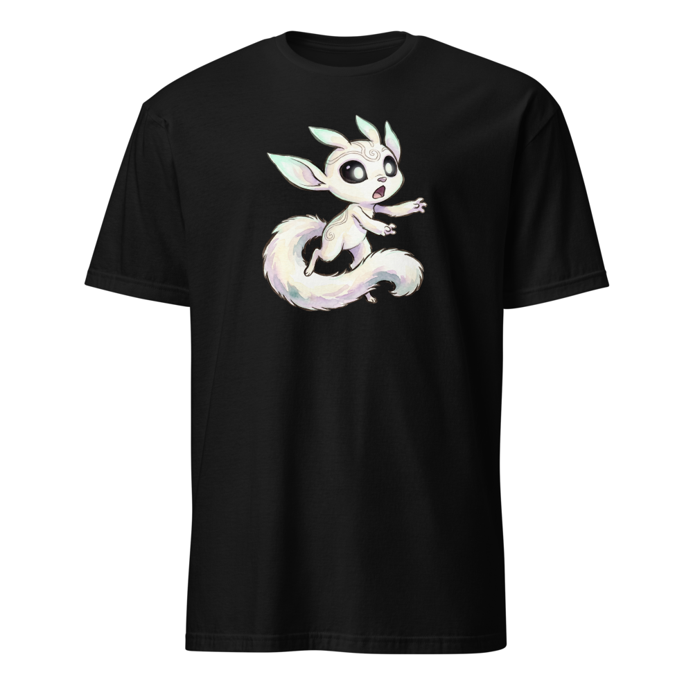 Glowing Forest Sprite Watercolor Caricature Tee — black front view