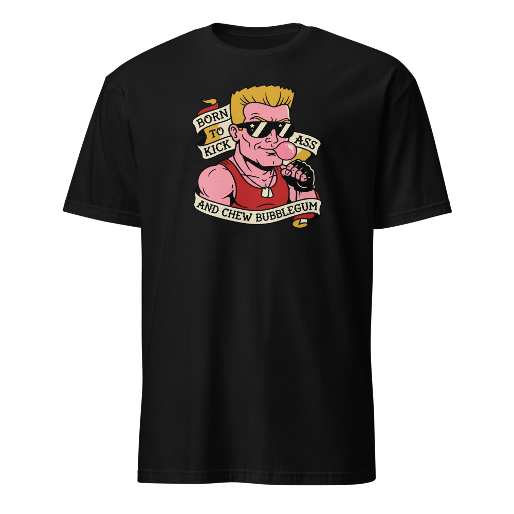 Bubblegum Action Hero Traditional Tattoo Flash Tee — black front view