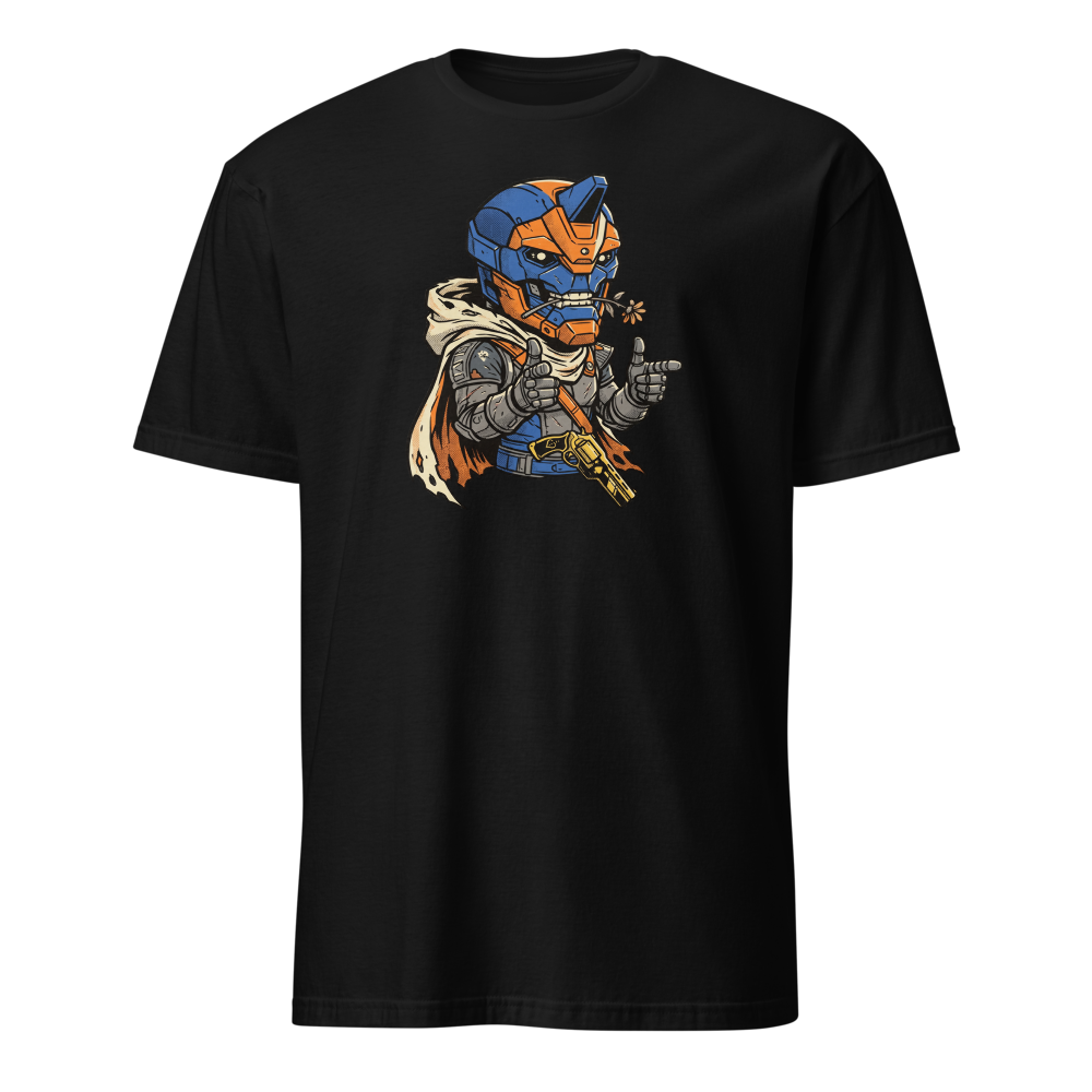 Wisecracking Exo Gunslinger Halftone Pop Art Tee — black front view