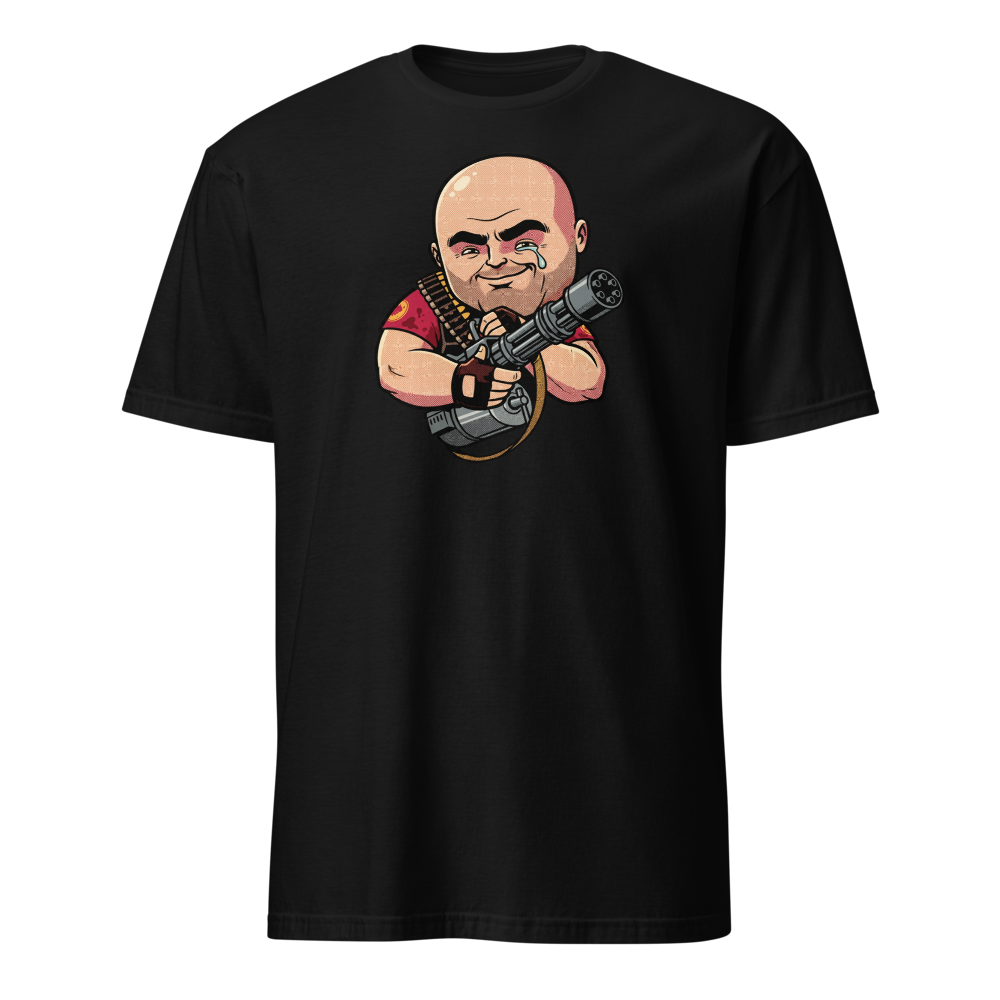 Big Russian Gunner Minigun Hug Pop Art Tee — black front view