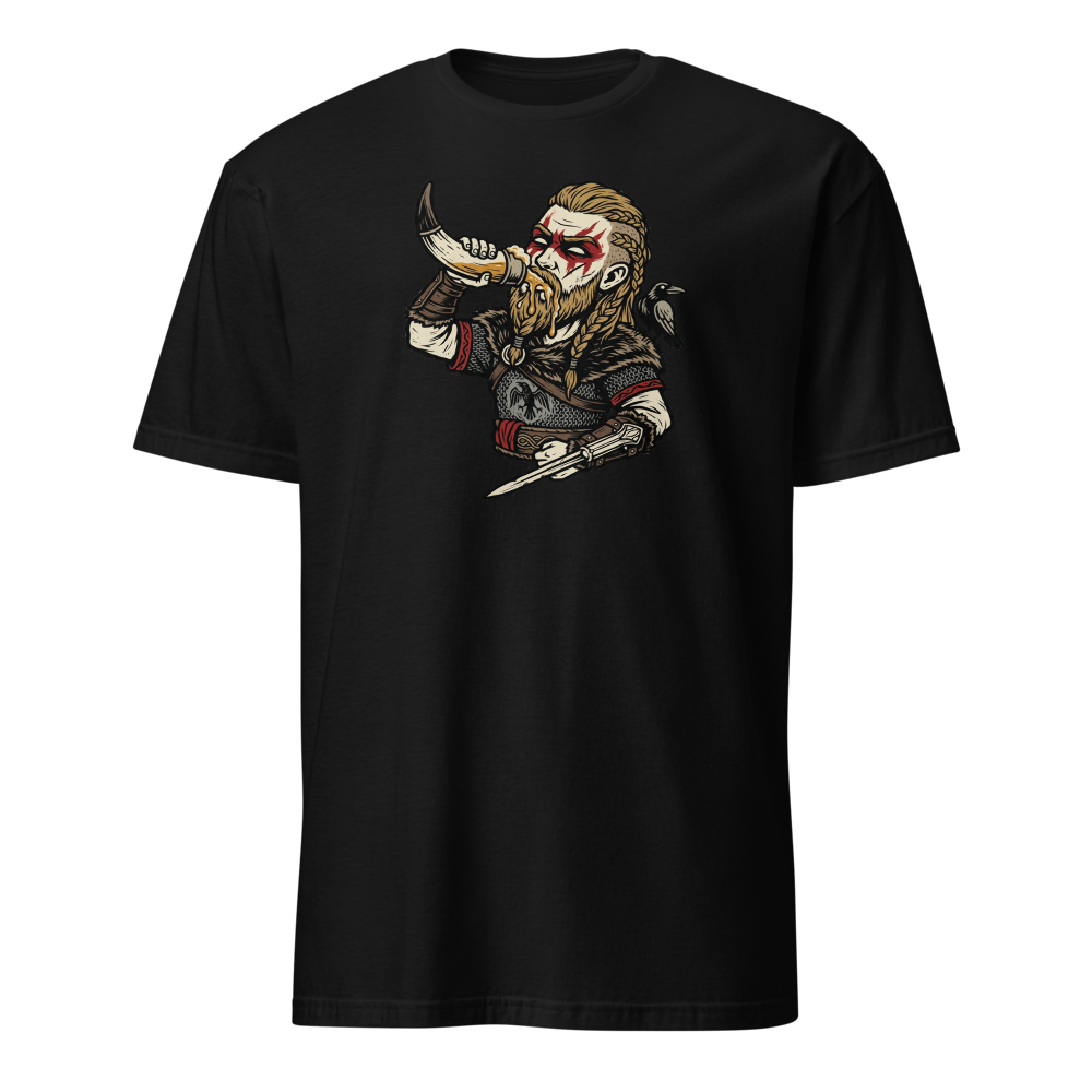 Viking Raider Mead Horn Hidden Blade Woodcut Tee — black front view