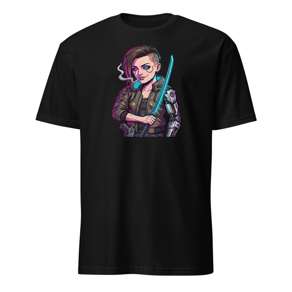 Neon Night City Chrome Merc Katana Tee — black front view