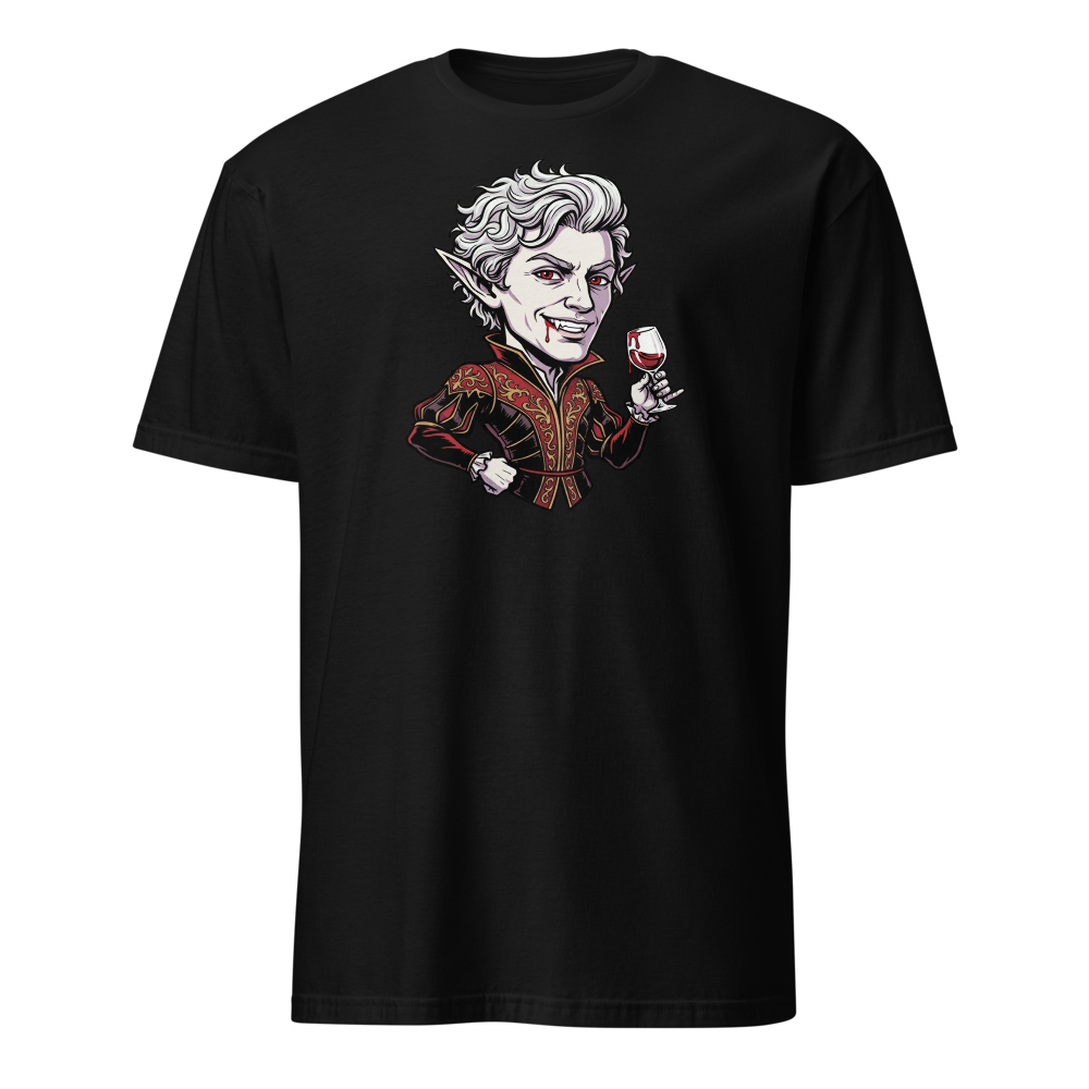 Smug Vampire Elf Rogue Comic Ink Tee — black front view