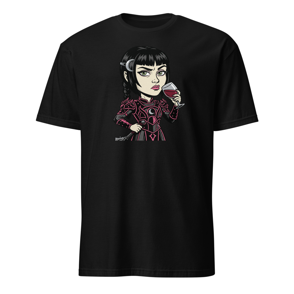 Moody Cleric Wine Judgment Comic Ink RPG Tee — black front view